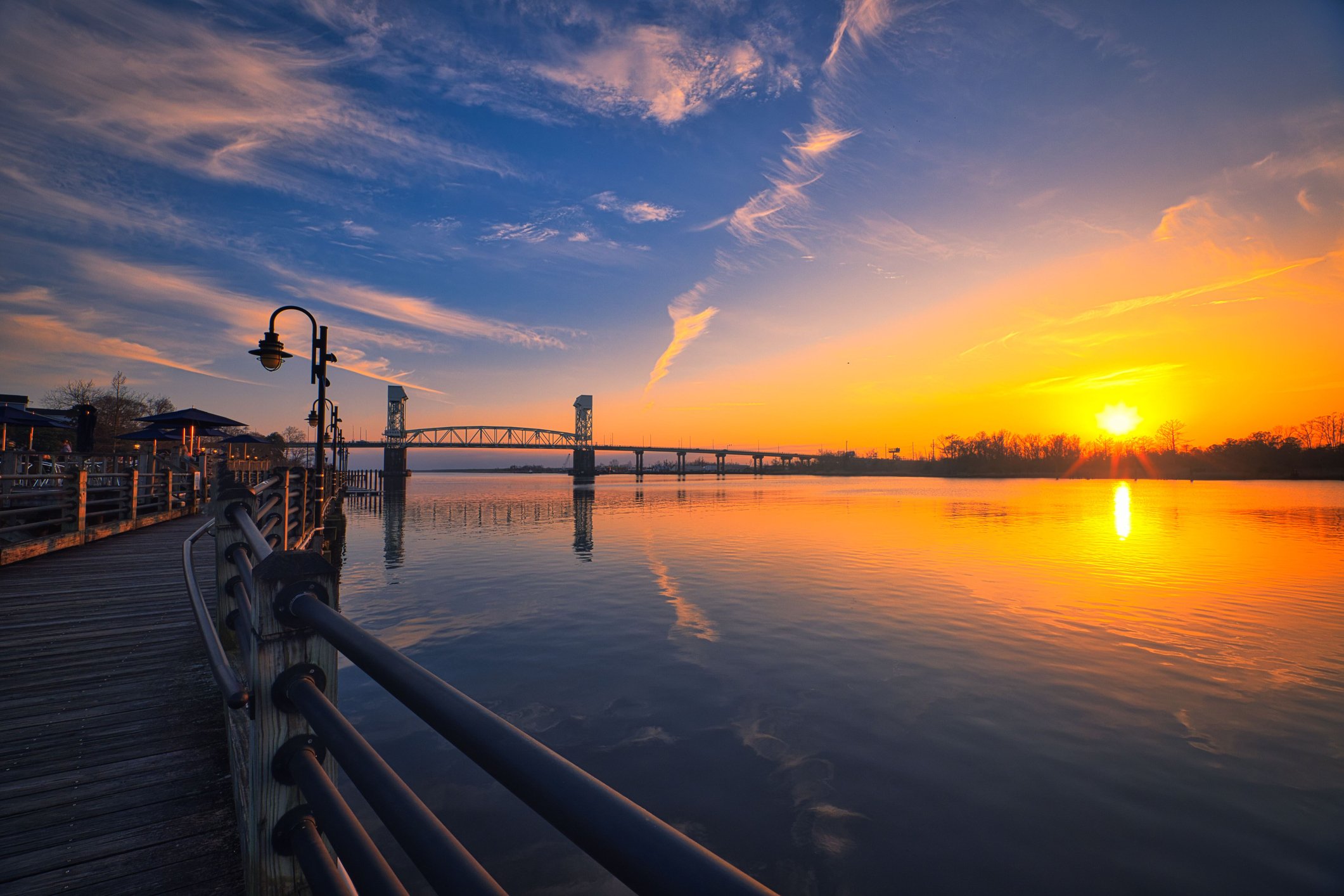 Sunset over the Cape Fear River and Wilmington Riverwalk